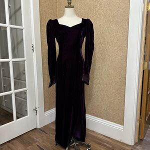 Vintage 80s Purple Velvet Velour Low Open Back Bow Tie Cocktail Evening Dress